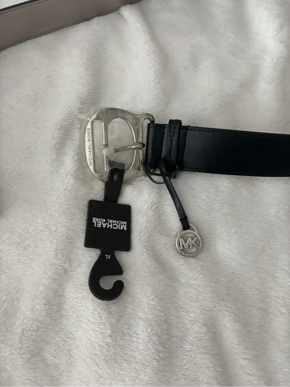 Michael Kors Black Leather Men’s Belt with Silver MK Charm